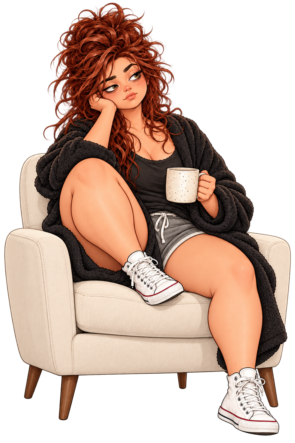The plus-size Hey Life WTF character relaxing in a black robe with a coffee, messy curls and a sleepy expression