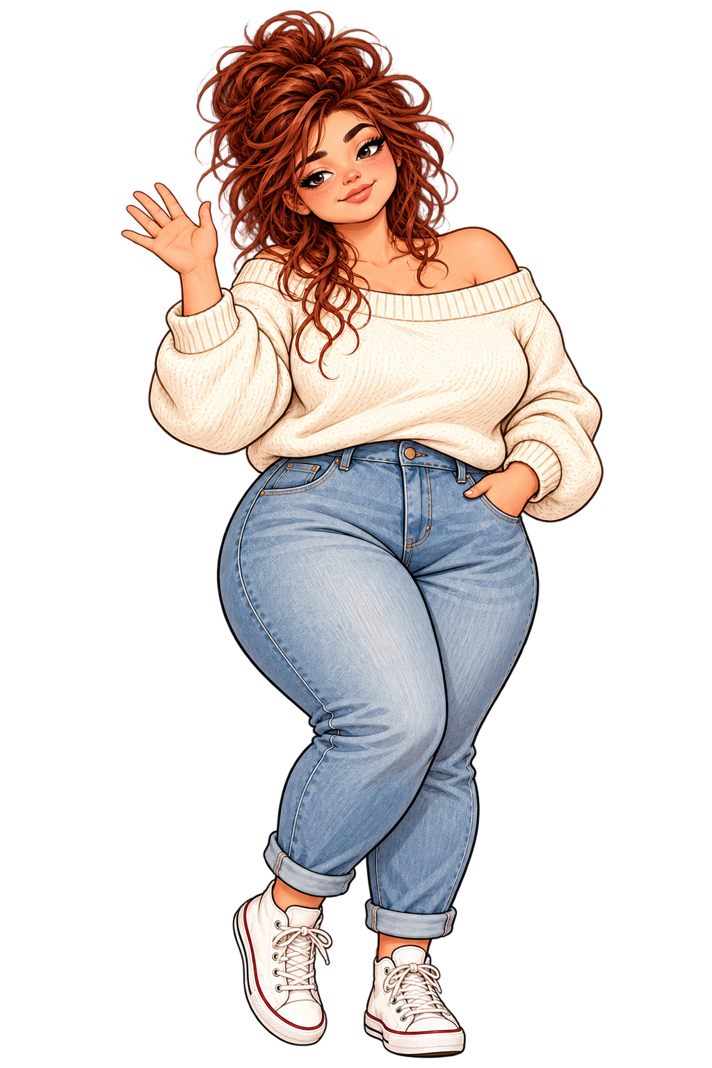 The plus-size Hey Life WTF character smiling and waving hello