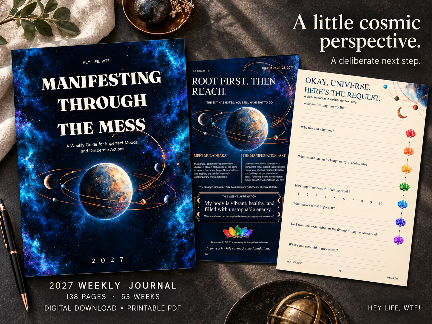 Manifesting Through the Mess 2027 celestial journal cover and writing pages
