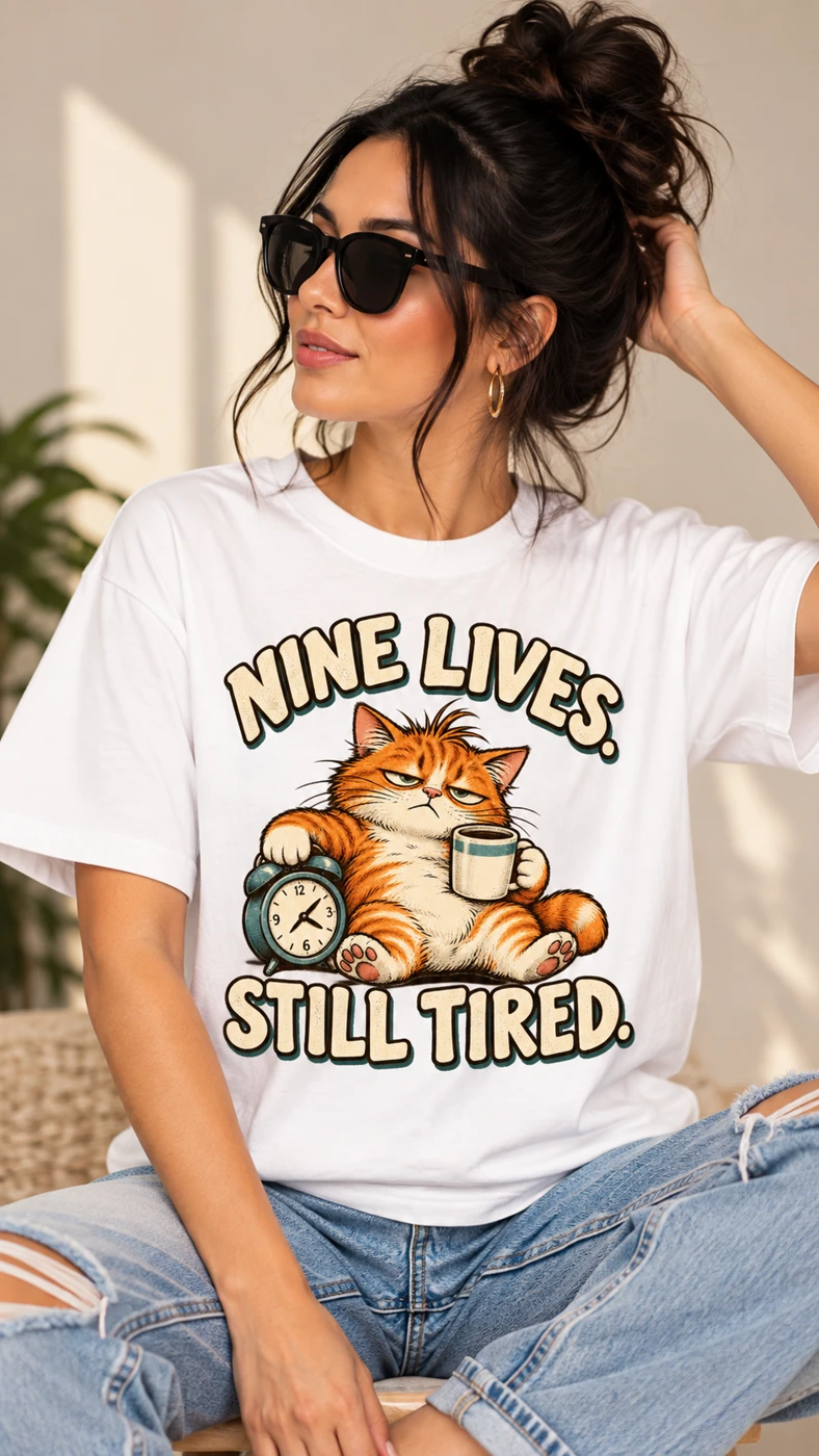 White Nine Lives Still Tired graphic tee with a sleepy orange cat holding coffee
