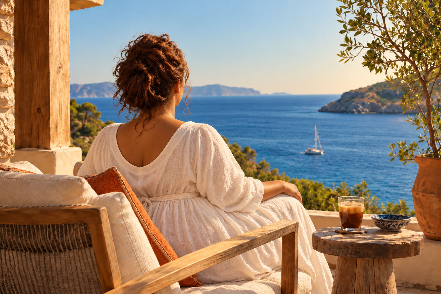 A plus-size woman in a flowing ivory linen dress, viewed from behind with her hair in a messy bun, relaxing on a sunlit porch overlooking the sea